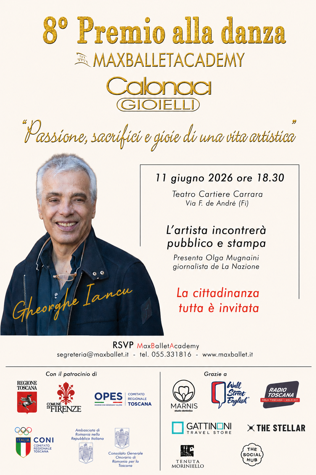 Gheorghe Iancu torna a Firenze per il Premio alla Danza “Max Ballet Academy – Calonaci Gioielli”